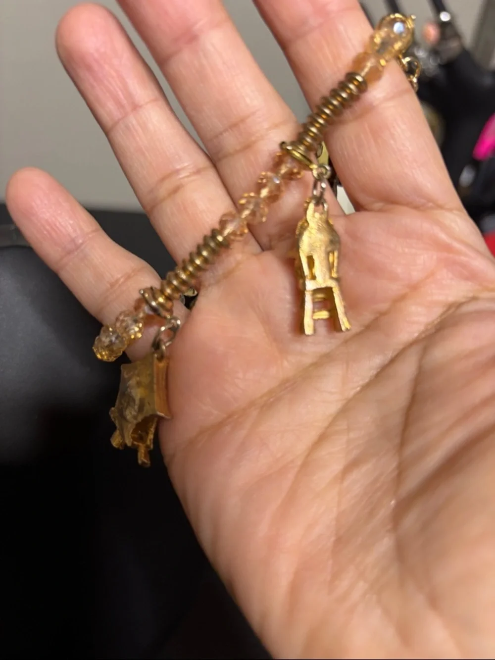 Vintage Stretch Gold Tone Beaded Charm High Chair Skates Typewriter Bird House